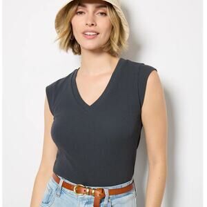 LNA Evereve Oro Grey Ribbed V Neck Cap Sleeve Tshirt XL